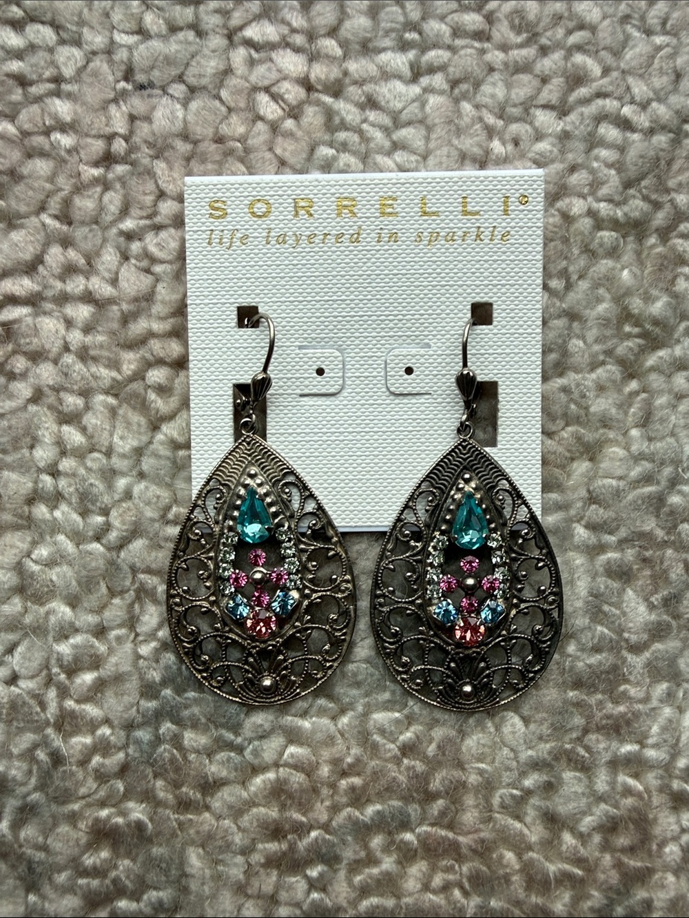 Sorrelli Filigree Teardrop Earrings with Blue & Pink Accents